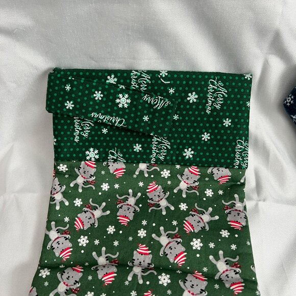 Handmade Christmas Stockings Set Of 2 Blue & Green With Snowman & Cat Prints Sof - Picture 2 of 5